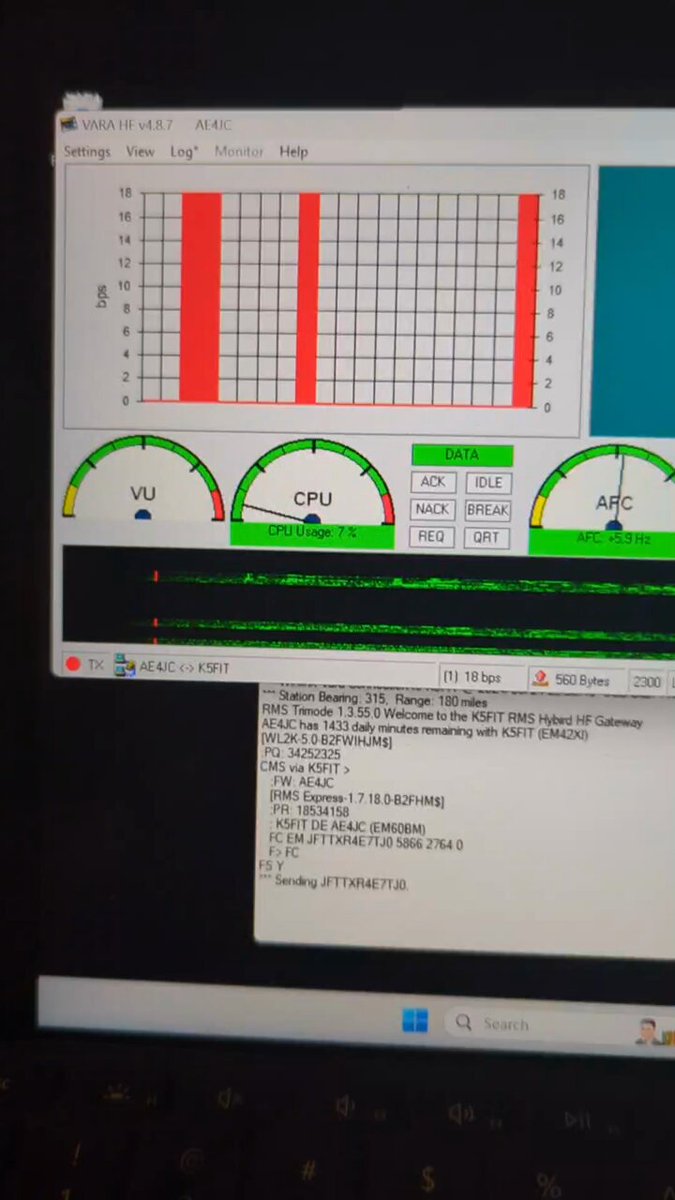 VARA HF session screenshot during an EMCOMM practice net
