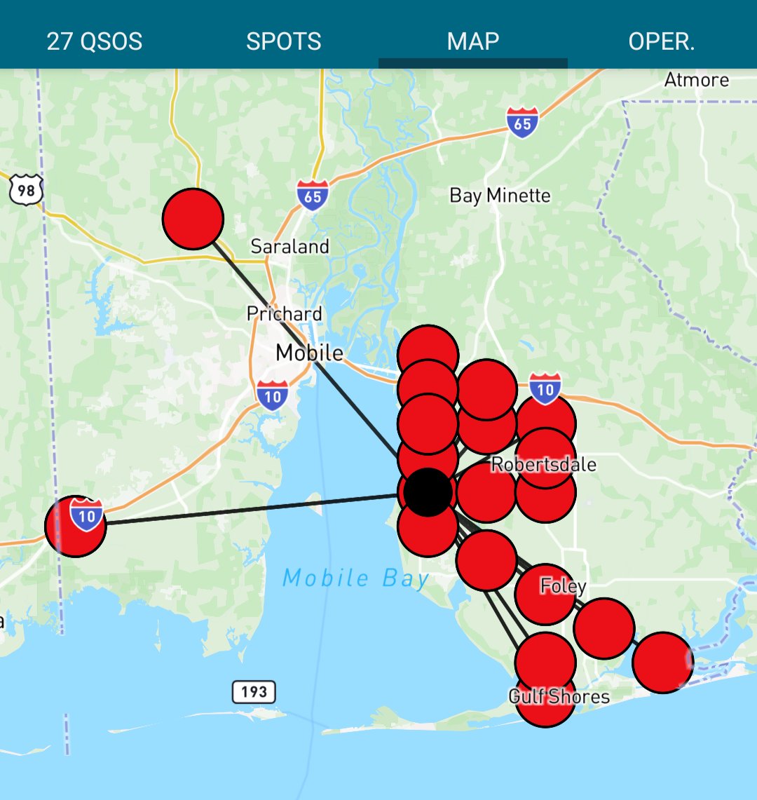 Map of QSO contacts from the N4MZ 2m net check-in, spanning south Mobile Bay to the Alabama Gulf Coast