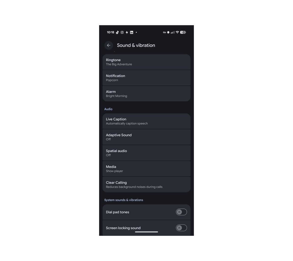 Pixel Sound & vibration settings with Adaptive Sound and Spatial audio off
