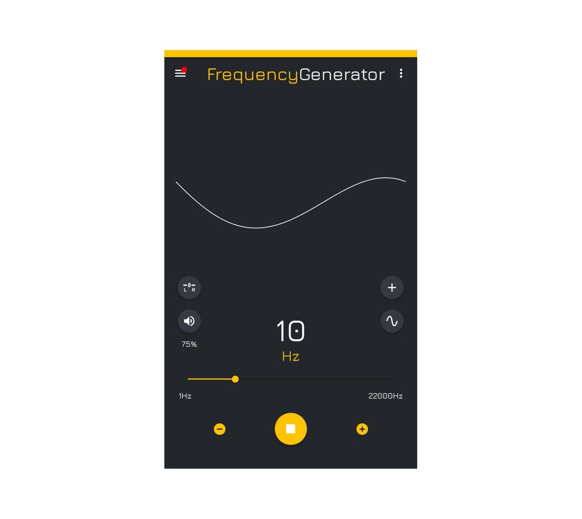 Frequency Generator app set to a 10 Hz sine wave at 75% level