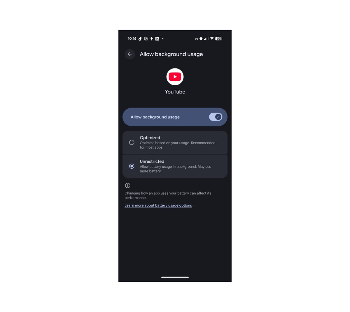 YouTube background usage allowed, battery set to Unrestricted