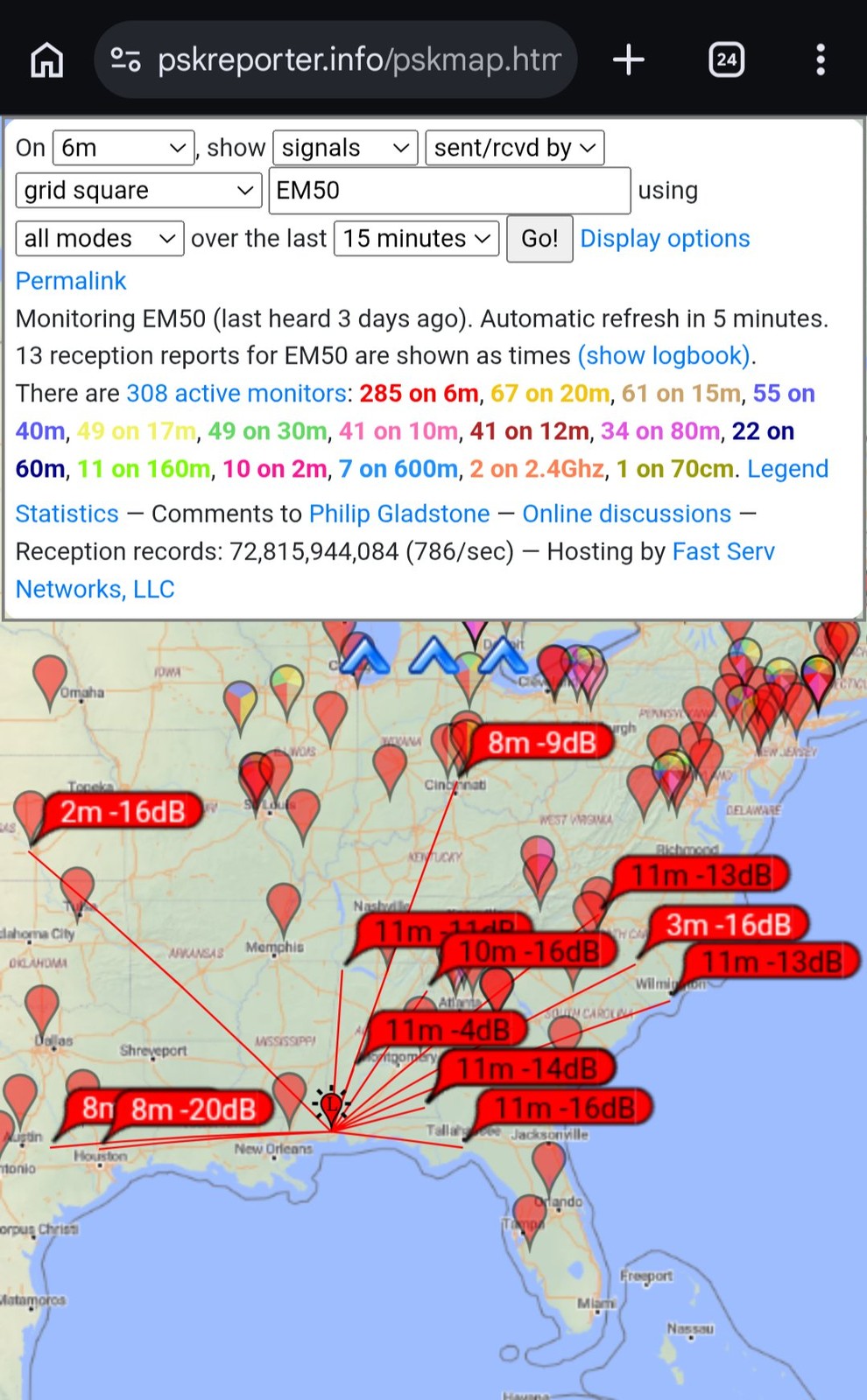 PSKReporter propagation map showing 6-meter reception reports across the southeastern US, image credit pskreporter.info