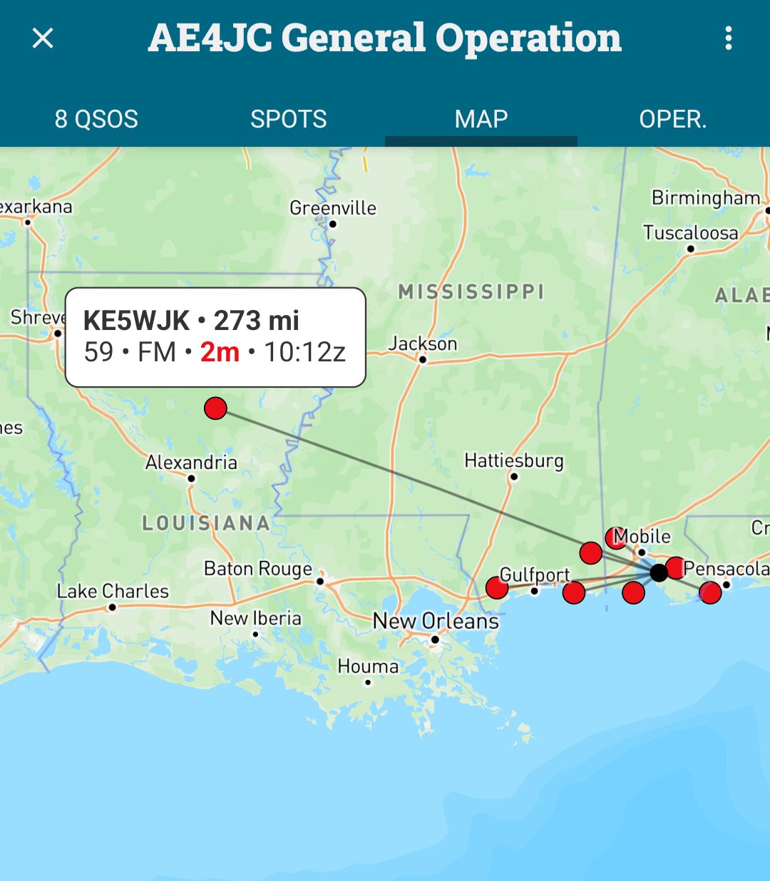 A Cloudlog QSO map showing a 273-mile contact with KE5WJK in Louisiana on 2m FM simplex, logged at 10:12z