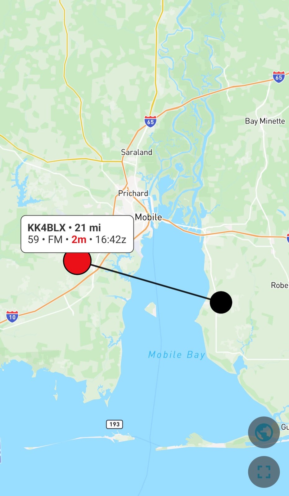 A Cloudlog QSO map showing a contact with KK4BLX, 21 miles, signal report 59, FM, 2m band