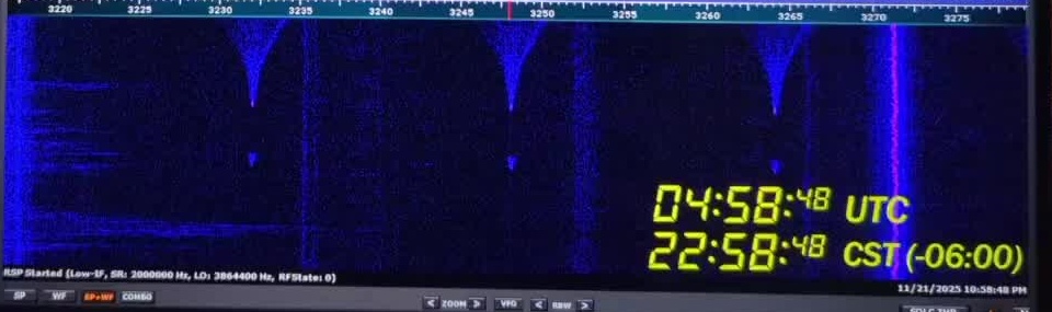 SDR waterfall display showing repeated symmetrical “Christmas tree” sweeps around 3.248 MHz, logged 2025-11-22 at 0458 UTC