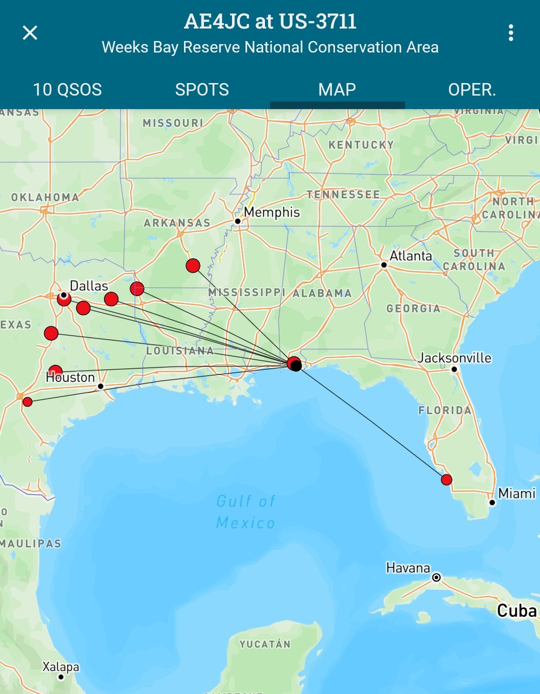 Map of the 10 contacts worked on 2m SSB from US-3711 with the Max Gain mast and Elk antenna