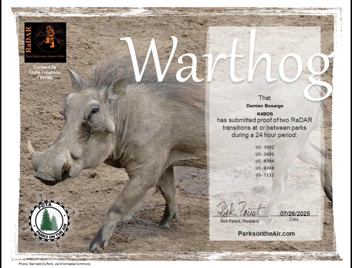POTA Warthog award certificate issued to K4BOS, dated 26 July 2025, carrying the orange RaDAR logo, the credit line “Created by Eddie Leighton, ZS6BNE” in small type beneath it, and wording about two RaDAR transitions