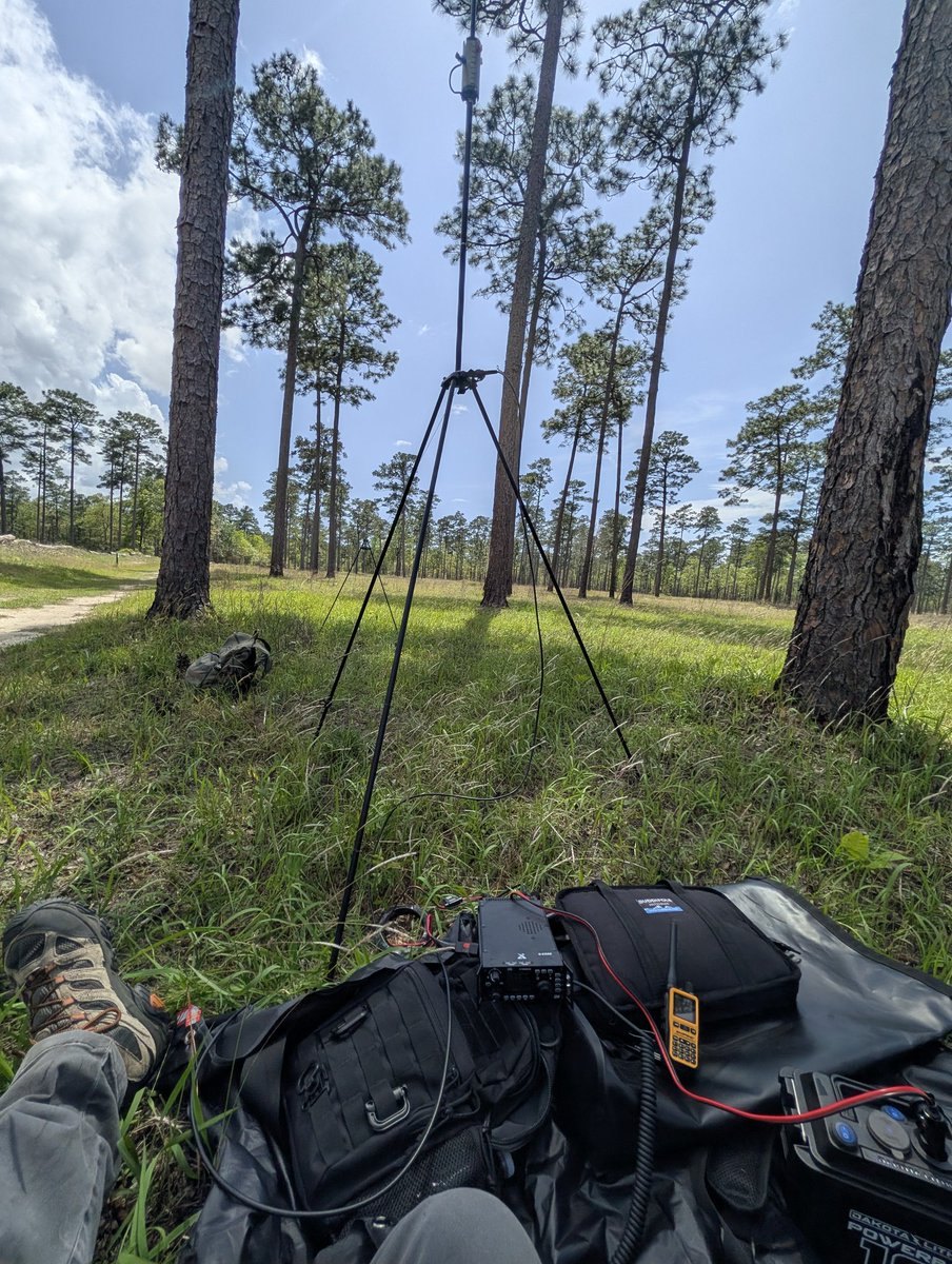 Xiegu G90 man-pack deployment in the pines at Historic Blakeley State Park during the April 2026 RaDAR Rally
