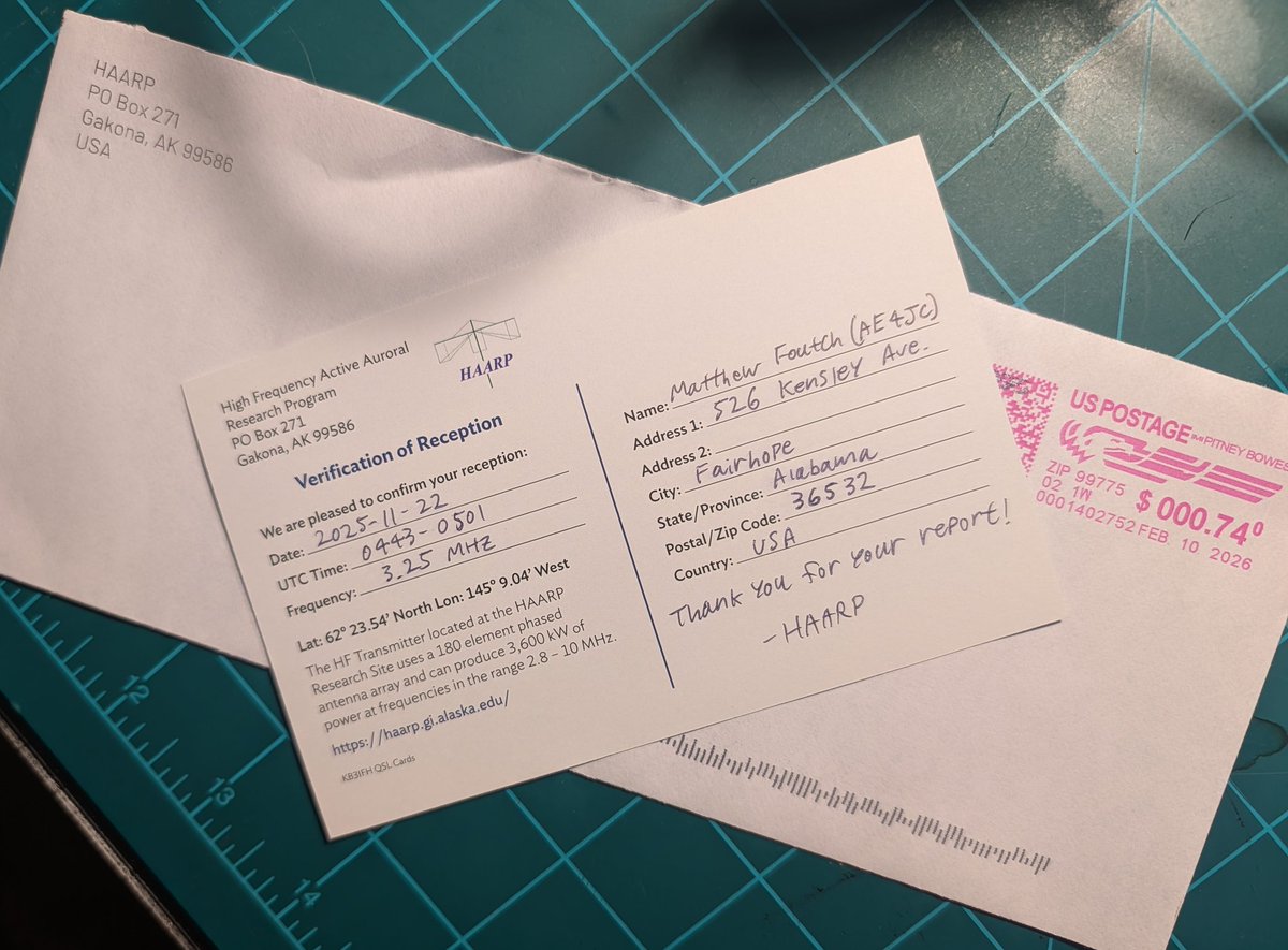 HAARP QSL card, back, with the confirmed date, time, and frequency