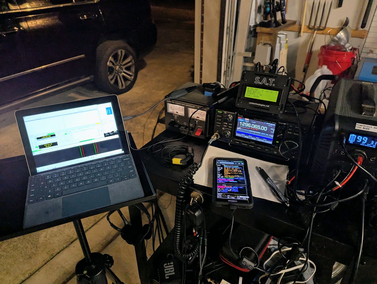EME station in progress: IC-9700, laptop waterfall, SAT tracker